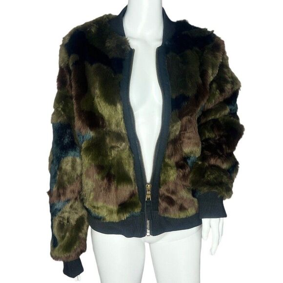 Anthro Marrakech Faux Fur Bomber Jacket Womens Small Multicolor Camo Patchwork - Picture 5 of 9